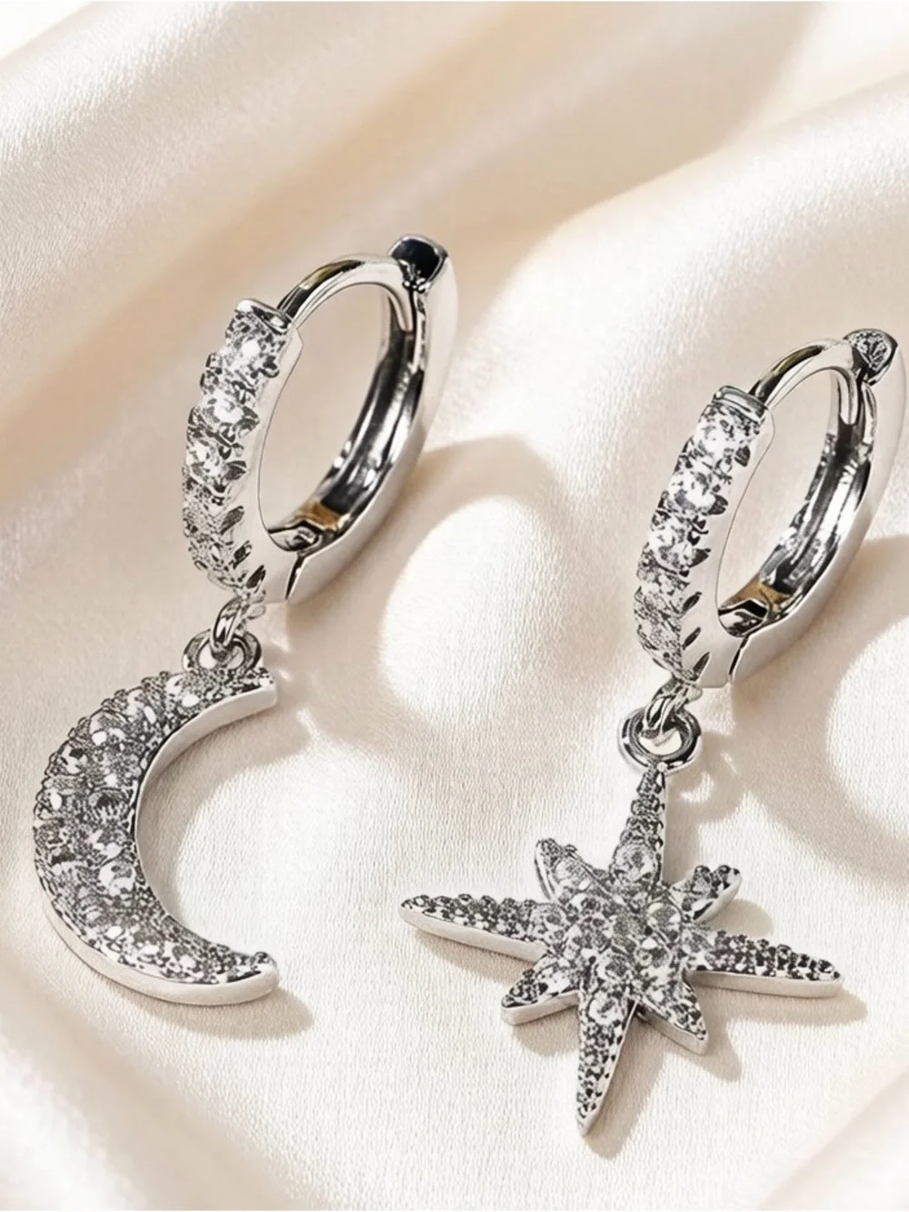 Anthropologie Silver Moon & Star CZ Huggie Earrings